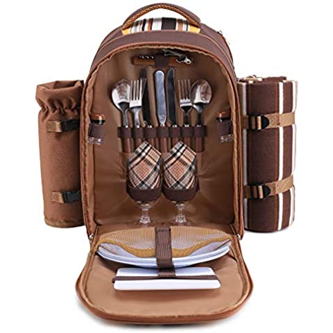 apollo walker Picnic Backpack Bag for 2 Person with Cooler Compartment, Detachable Bottle/Wine Holder, Fleece Blanket, Plates and Cutlery(2 PERSON, BROWN)