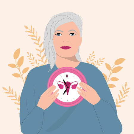 Mulher velha segurando relógios. conceito da menopausa. ilustração vetorial