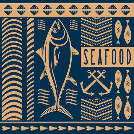 Cartaz de restaurante de frutos do mar, modelo de banner com peixes de atum.