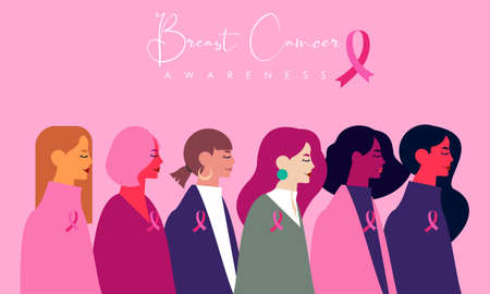 Breast Cancer Awareness Banner Illustration von glücklichen Frauen aus verschiedenen Nationalitäten zusammen