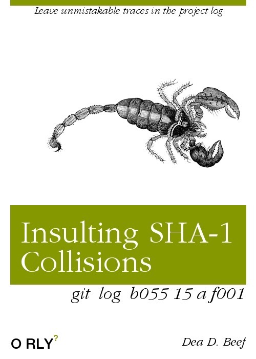 O’RLY Insulting SHA-1 Collisions. (Copyright 2024 DenITDao via orlybooks)