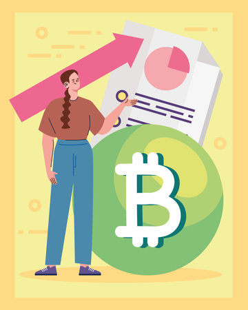 bitcoin with woman and statistics arrow